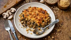 Houbový Kuba aus dem Ofen: Gersten-Pilz-Gratin mit knuspriger Brotkruste