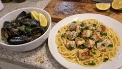 Mini-Fischmenü wie in Italien: Impepata di Cozze und Spaghetti mit Schwertfisch
