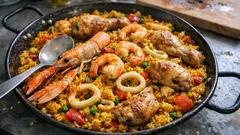Paella mixta wie in Spanien – mit Poulet, Meeresfrüchten und Safran in einer Pfanne